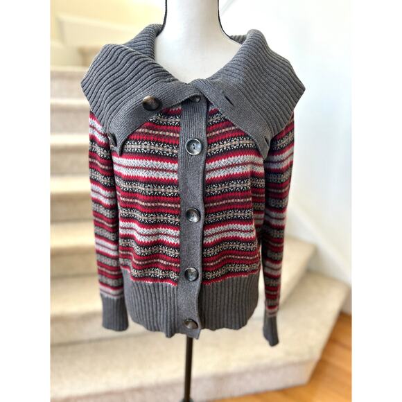 Eddie Bauer Red & Grey Fair Isle Cashmere & Angora Rabbit Cowl Neck Sweater - Picture 1 of 7